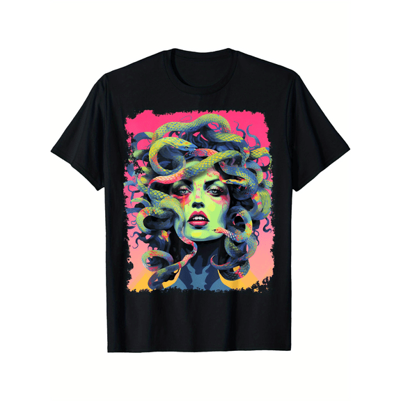 Men's Plus Size Medusa Graphic T-Shirt - Soft Cotton, Vibrant Snake & Woman Design, Casual Short Sleeve Tee for Halloween & Christmas, L-5XL, PLUS SIZE