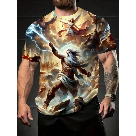 Men's Plus Size Mythical Warrior Pattern T-Shirt - 3 Breathable Casual Street Style, Short Sleeve Crew Neck T-Shirt