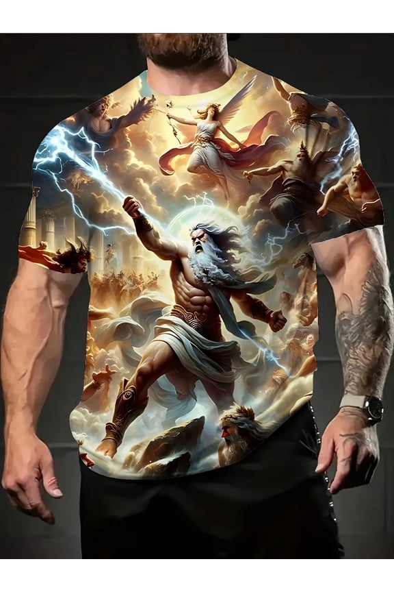 Men's Plus Size Mythical Warrior Pattern T-Shirt - 3 Breathable Casual Street Style, Short Sleeve Crew Neck T-Shirt