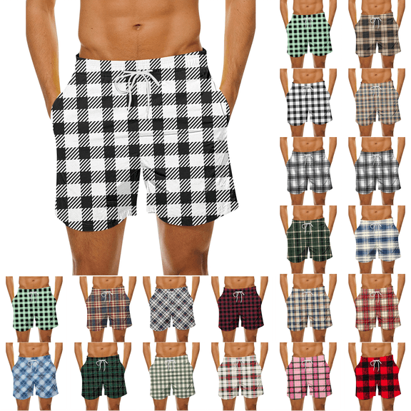 Men's Plus Size Plaid Casual Shorts Elastic Waist Drawstring Quick Dry Beach Short Breathable Vacation Outdoor Summer Sports Board Shorts