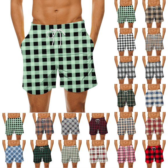 Men's Plus Size Plaid Casual Shorts Elastic Waist Drawstring Quick Dry Beach Short Breathable Vacation Outdoor Summer Sports Board Shorts
