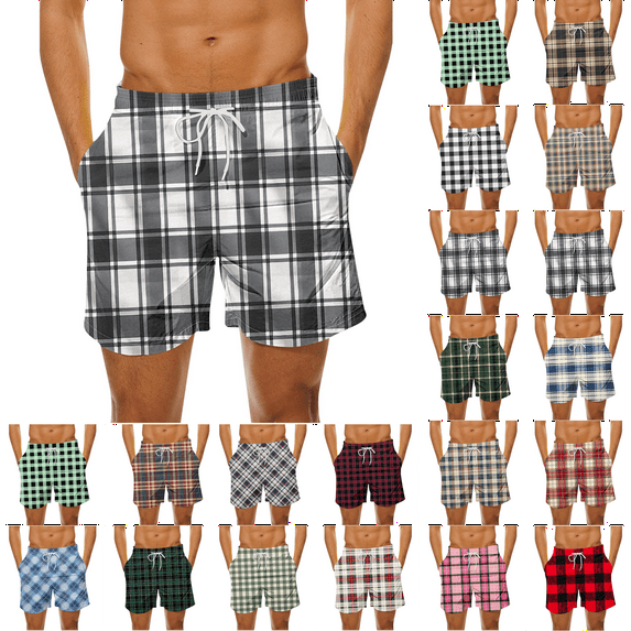 Men's Plus Size Plaid Casual Shorts Elastic Waist Drawstring Quick Dry Beach Short Breathable Vacation Outdoor Summer Sports Board Shorts