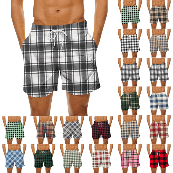 Men's Plus Size Plaid Casual Shorts Elastic Waist Drawstring Quick Dry Beach Short Breathable Vacation Outdoor Summer Sports Board Shorts