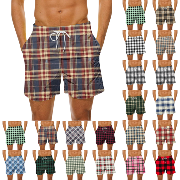 Men's Plus Size Plaid Casual Shorts Elastic Waist Drawstring Quick Dry Beach Short Breathable Vacation Outdoor Summer Sports Board Shorts