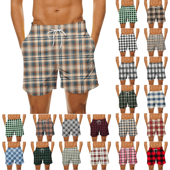 Men's Plus Size Plaid Casual Shorts Elastic Waist Drawstring Quick Dry Beach Short Breathable Vacation Outdoor Summer Sports Board Shorts