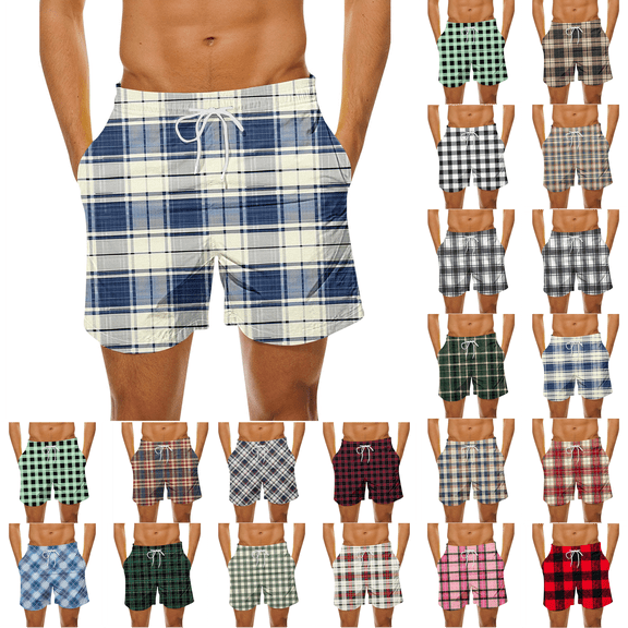 Men's Plus Size Plaid Casual Shorts Elastic Waist Drawstring Quick Dry Beach Short Breathable Vacation Outdoor Summer Sports Board Shorts