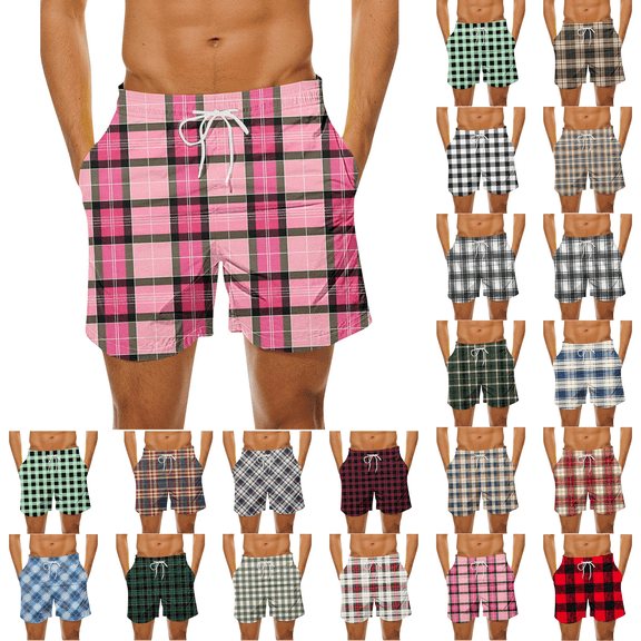 Men's Plus Size Plaid Casual Shorts Elastic Waist Drawstring Quick Dry Beach Short Breathable Vacation Outdoor Summer Sports Board Shorts