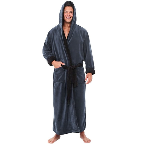 Men's Plus Size Robe Big And Tall Color-Blocking Long Sleeve Warm Pajamas Comfortable Lounge House Bathrobe with Waist Belt