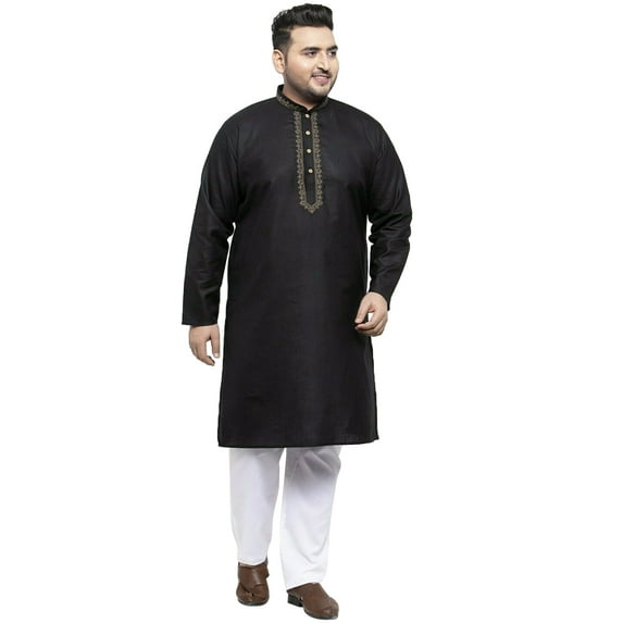 Men's Plus Size Solid Pure Cotton Kurta with Pyjamas Pathani shape Mandarin collar, long roll-up sleeves, Color: Black, Size: 3XL