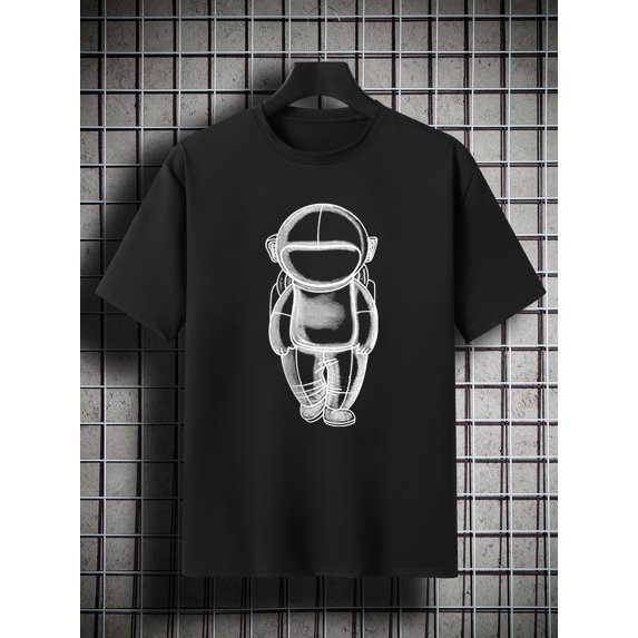 Men's Plus Size Spaceman Pattern Plain Color Short Sleeve Crew Neck T-shirt, Oversized Casual Clothing For Big And Tall Guys