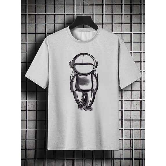 Men's Plus Size Spaceman Pattern Plain Color Short Sleeve Crew Neck T-shirt, Oversized Casual Clothing For Big And Tall Guys