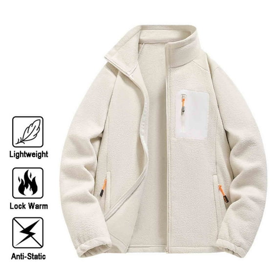 Men's Plus Size Stand Collar Fleece Jackets Casual Full Zip Long Sleeve Jackets Solid Color Trendy Warm Winter Outwear Khaki M