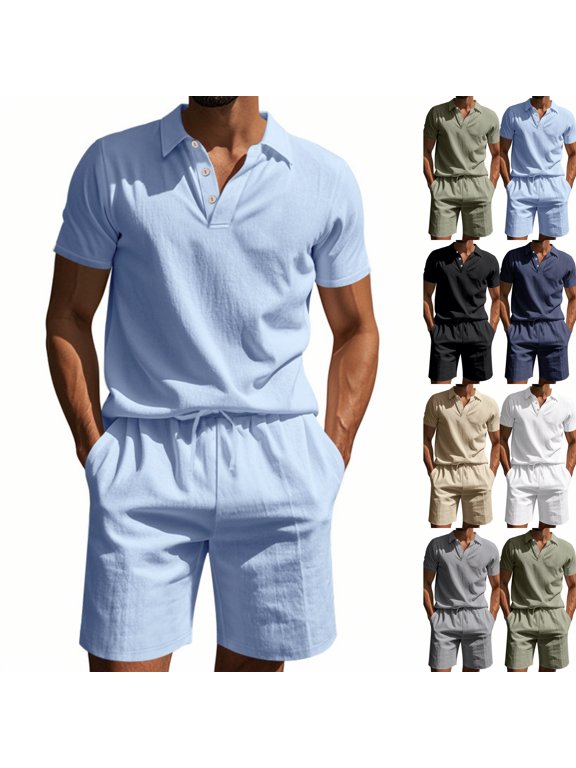 Men's Plus Size Summer Outfits Linen Polo Shirt Quarter Button Shirt Drawstring Waist Shorts Casual Beach Vacation Short Sets,M,Light Blue