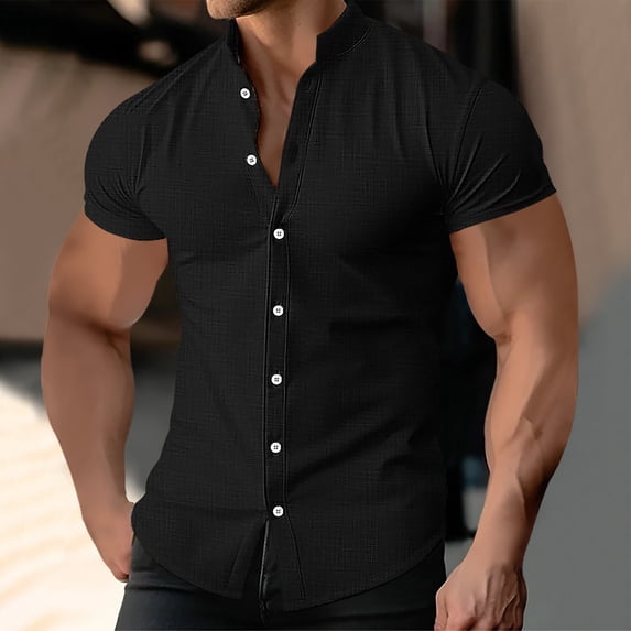 Men's Plus Size T-Shirt Men's Cotton Linen Shirts Summer Short Sleeve Button Shirt Business Casual Dress Beach Fashion Summer Tops Black S