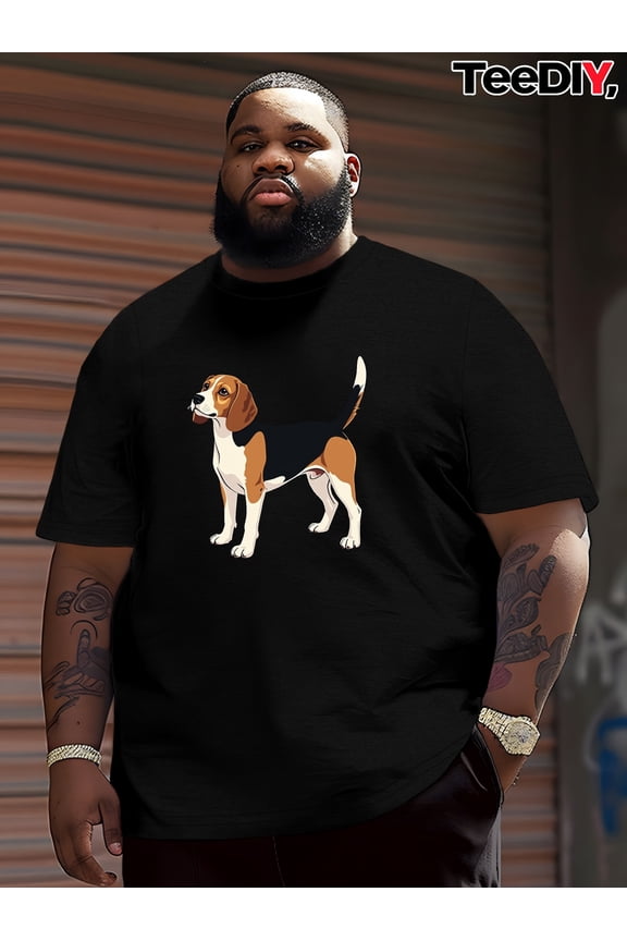 Men's Plus Size T-Shirt - Realistic Beagle Dog Standing Graphic Tee, Breathable Fabric for Gym, Everyday & Formal Wear - Machine Washable Casual Shirt for Big & Tall Men, Geometric Pattern Shirt,