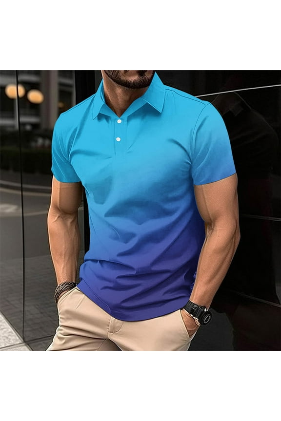 Men's Plus Size T-shirt Holiday Casual Gradient Printing Button Lapel Pullover Short Sleeve Casual Beach Party Gym Shirt for Summer Blue S-4XL