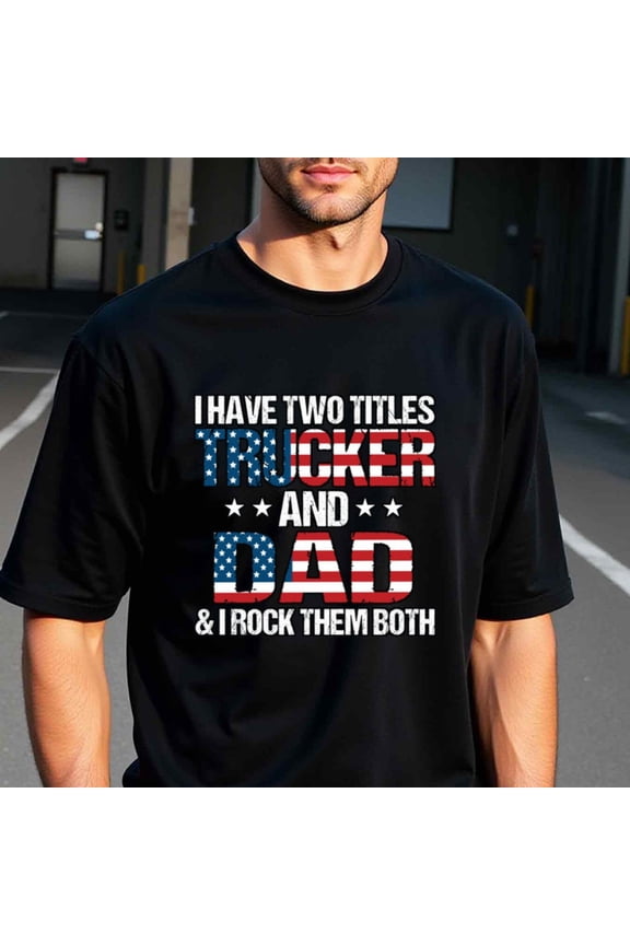Men's Plus Size Thirt - Bold Trucker & Dad Text Design - Black Shirt with Red/White Lettering - Regular Fit Crew Neck Tee - Machine Washable Casual Everyday Shirt for Truck Drivers & Fathers - Ide