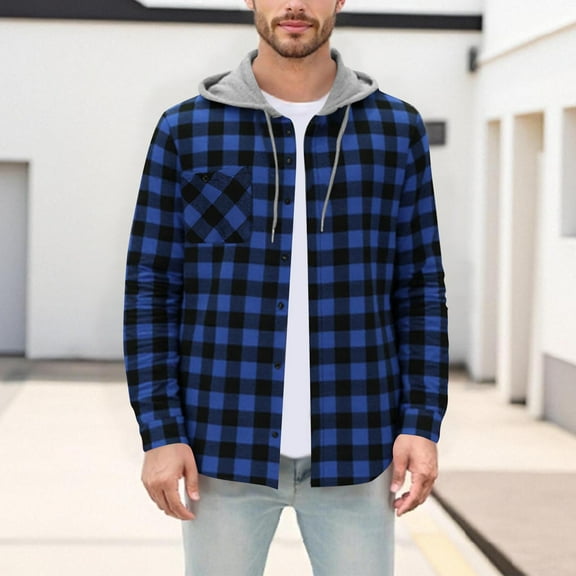 Men's Plus Size Winter Coat Jacket Casual Patchwork Fashion Plaid Hooded Button Long Sleeve Shirt Blouse