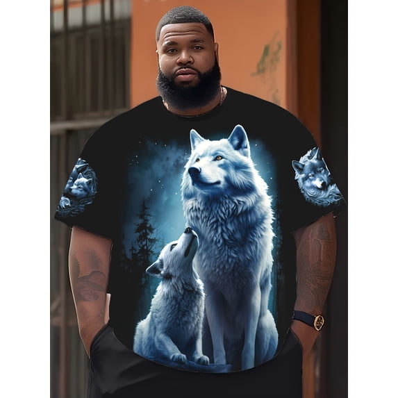 Men's Plus Size Wolf Guard Full Body Print T-Shirt - 100% Knitted Fabric Short Sleeve Crew Neck Top, Micro-Elastic Casual Summer Outdoor Wear Daily Regular - Wolf Guard Collection, Plus Size