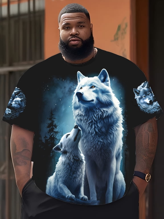 Men's Plus Size Wolf Guard Full Body Print T-Shirt - 100% Knitted Fabric Short Sleeve Crew Neck Top, Micro-Elastic Casual Summer Outdoor Wear Daily Regular - Wolf Guard Collection, Plus Size