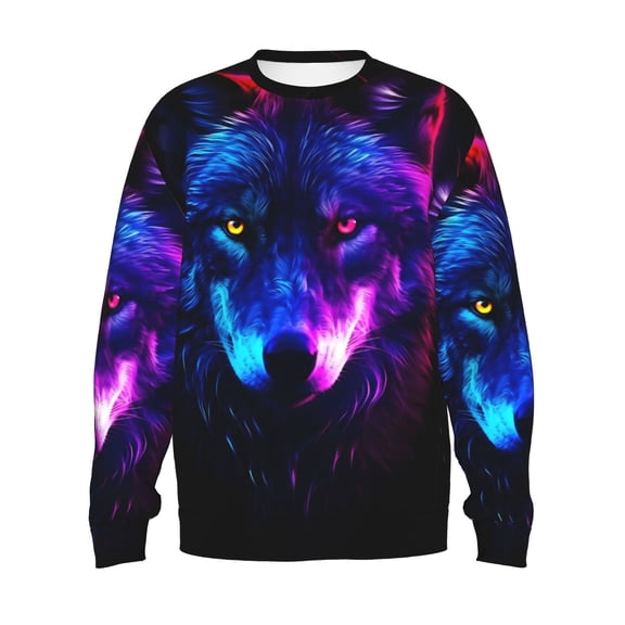 Men's Plus Size Wolf Hoodie - Neon Glow Wolf Design, Long Sleeve Hoodie, Sports Casual Wear, Men's Sweatshirt, Long Sleeve T-Shirt