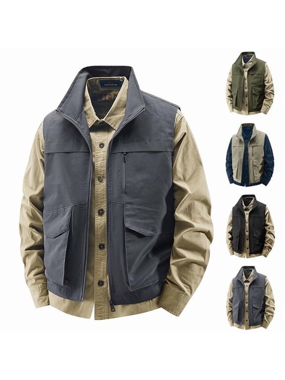 Men's Plus Size Workout Cargo Vest Men's Work Jacket Standing Collar Multiple Pockets Outdoor Photography Sports Jacket Coat Gray M