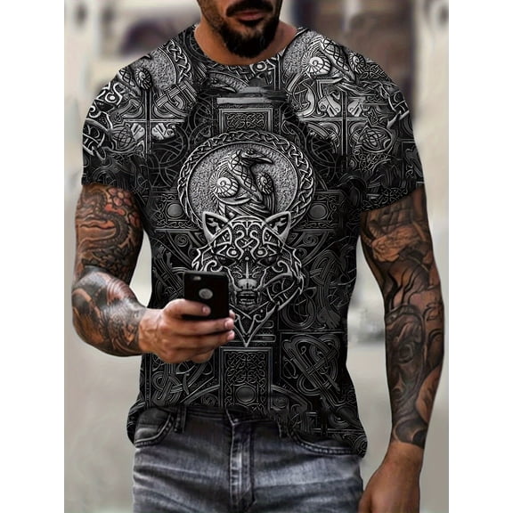 Men's Plus Tribal Warrior Print T-Shirt - Breathable Soft Fabric, Machine Washable, Comfortable Daily Wear, Durable Material, Loose Version, Light Fabric, Large and Tall Men's Wear