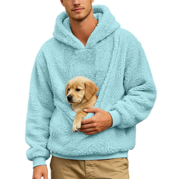 Men's Plush Pet Carrier Hoodie with Puppy Pouch Hands-Free Drawstring Pullover Sweatshirt Warm Winter Top for Dog Lover