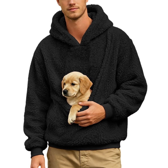 Men's Plush Pet Carrier Hoodie with Puppy Pouch Hands-Free Drawstring Pullover Sweatshirt Warm Winter Top for Dog Lover
