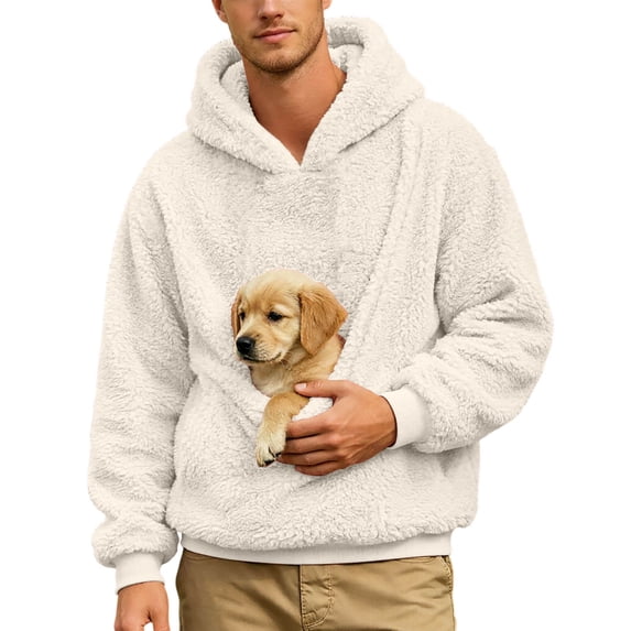 Men's Plush Pet Carrier Hoodie with Puppy Pouch Hands-Free Drawstring Pullover Sweatshirt Warm Winter Top for Dog Lover