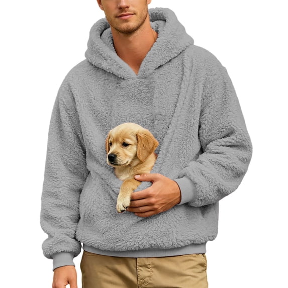 Men's Plush Pet Carrier Hoodie with Puppy Pouch Hands-Free Drawstring Pullover Sweatshirt Warm Winter Top for Dog Lover