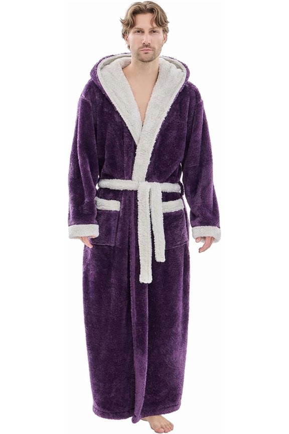 Men's Plush Full Length Hooded Bathrobe Warm Fluffy Cozy Winter Housecoat Floor Length Dark Purple Light Grey Large X Large