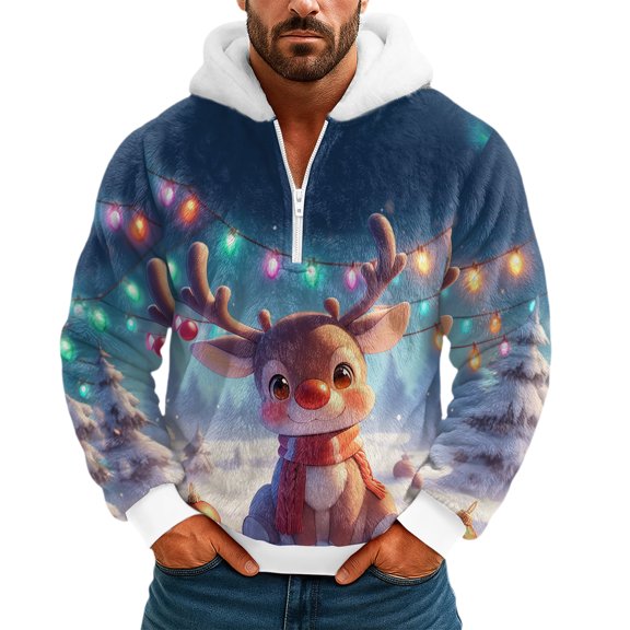 Men's Plush Half Zipper Hooded Hoodie with Christmas Cartoon Theme - Fun and Comfortable Pullover Sweatshirt for Holiday Wear and Casual Fashion,Sky Blue,S