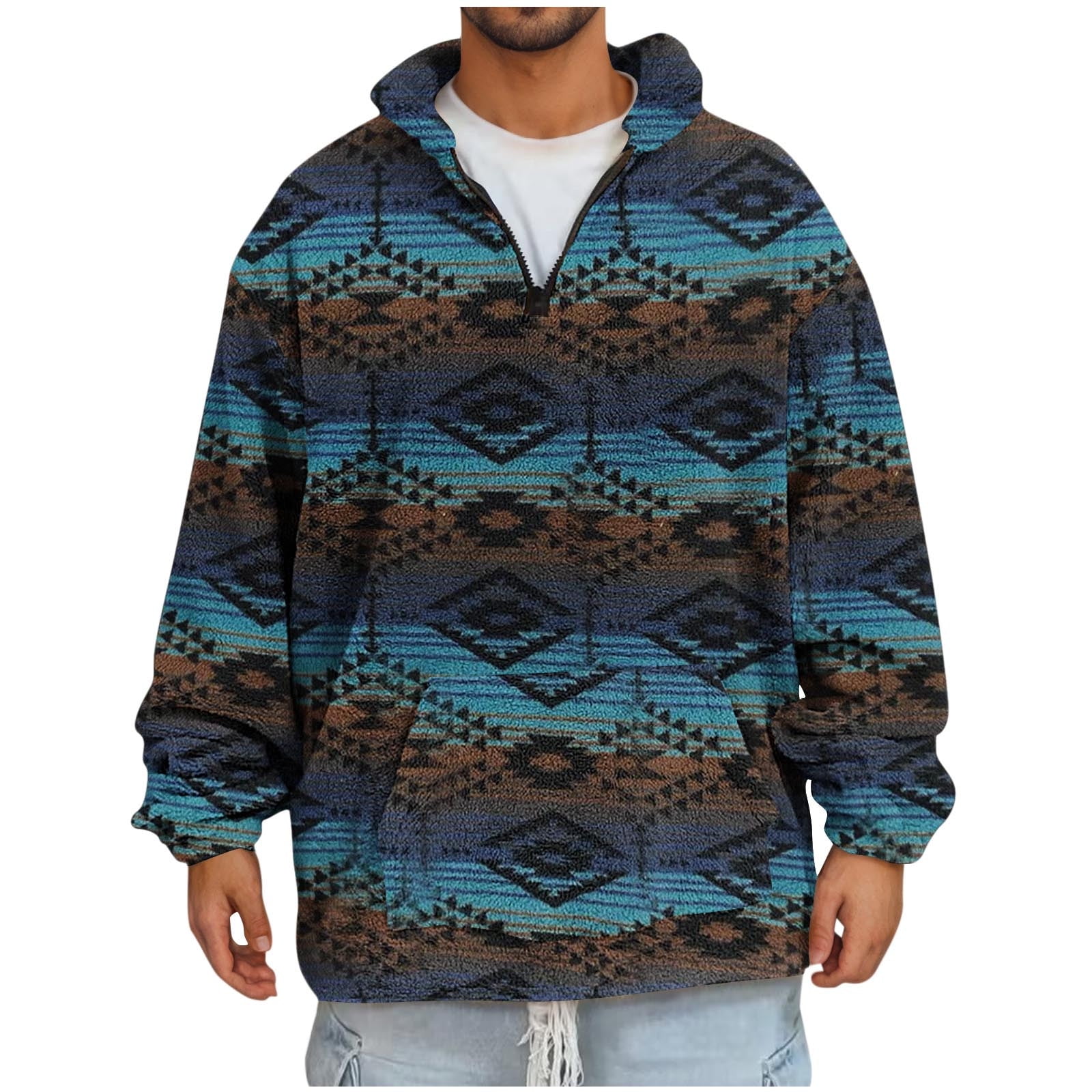 Men's Plush Quarter Zip Pullover Aztec Plush Sweatshirt Long