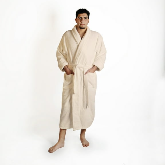 Men's Plush and Absorbent Turkish Cotton Bathrobe by Blue Nile Mills - Small/Medium, Cream