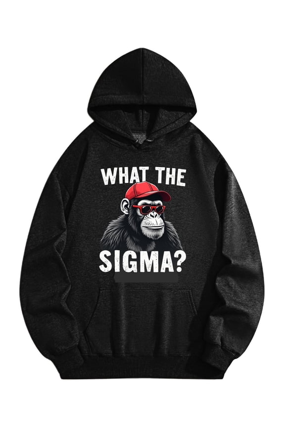 Men's Pocket Graphic Hooded Pullover, A Gorilla Wearing A Red Cap And Sunglasses Asks WHAT THE SIGMA, Sizes S-2XL