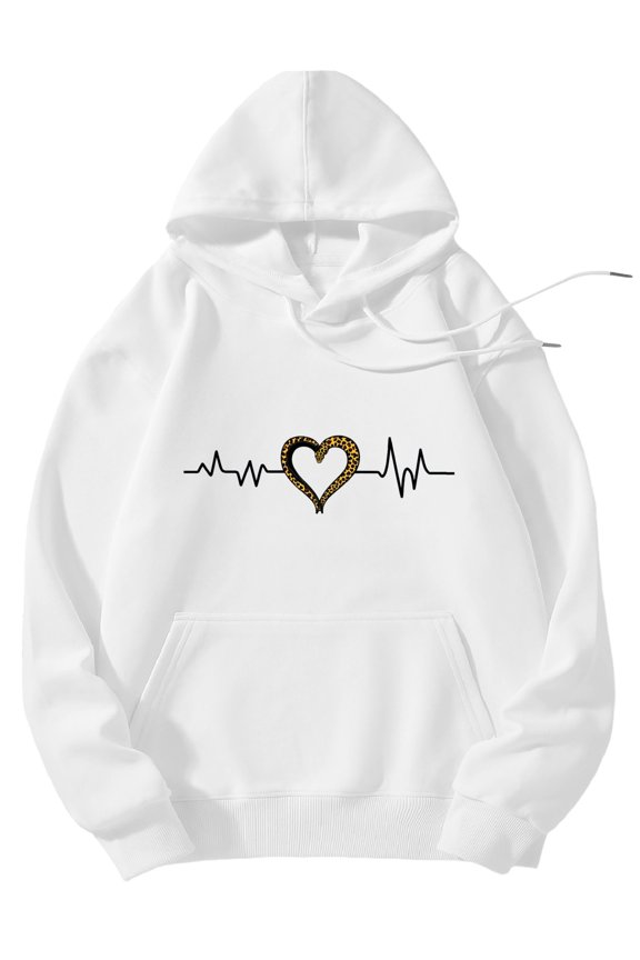 Men's Pocket Graphic Hooded Pullover, A Leopard-patterned Heart Within An EKG Wave on Black, Sizes S-2XL