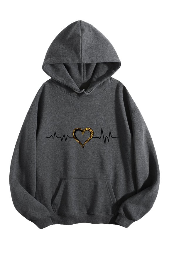 Men's Pocket Graphic Hooded Pullover, A Leopard-patterned Heart Within An EKG Wave on Black, Sizes S-2XL