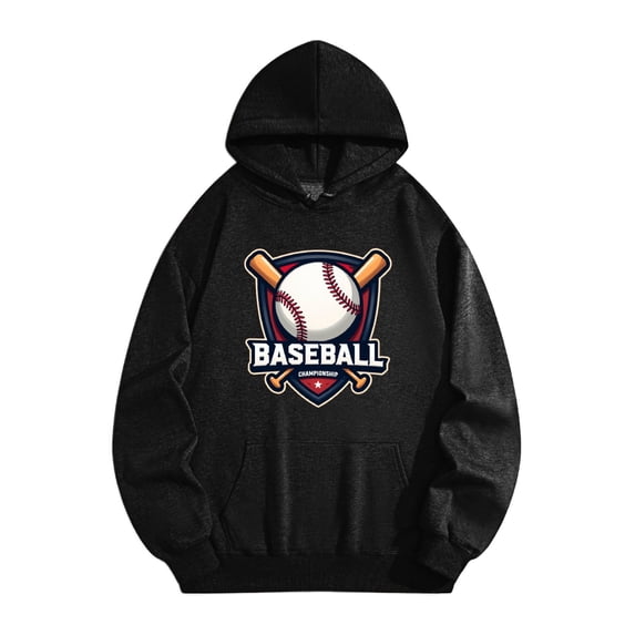 Men's Pocket Graphic Hooded Pullover, Baseball Championship Logo with Bat And Ball Design, Sizes S-2XL
