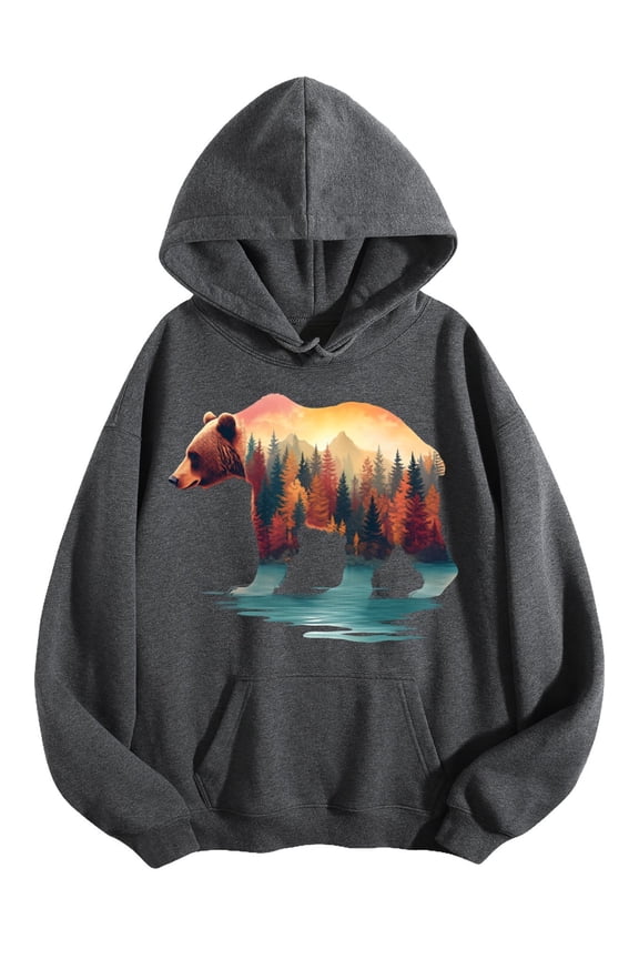 Men's Pocket Graphic Hooded Pullover, Bear with Forest And Water, Sizes S-2XL