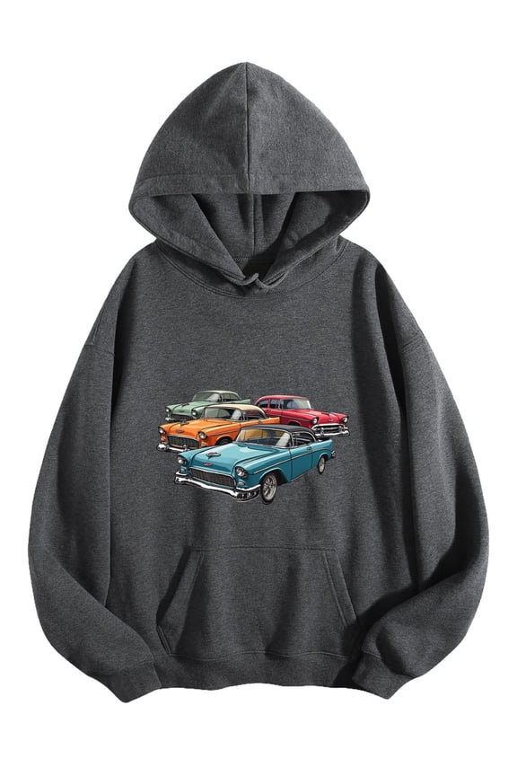 Men's Pocket Graphic Hooded Pullover, Classic Cars in Various Colors, Sizes S-2XL