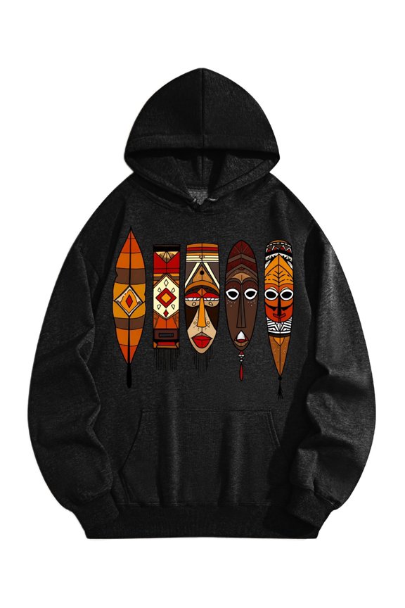 Men's Pocket Graphic Hooded Pullover, Colorful Ethnic Face Masks Lined Up, Sizes S-2XL