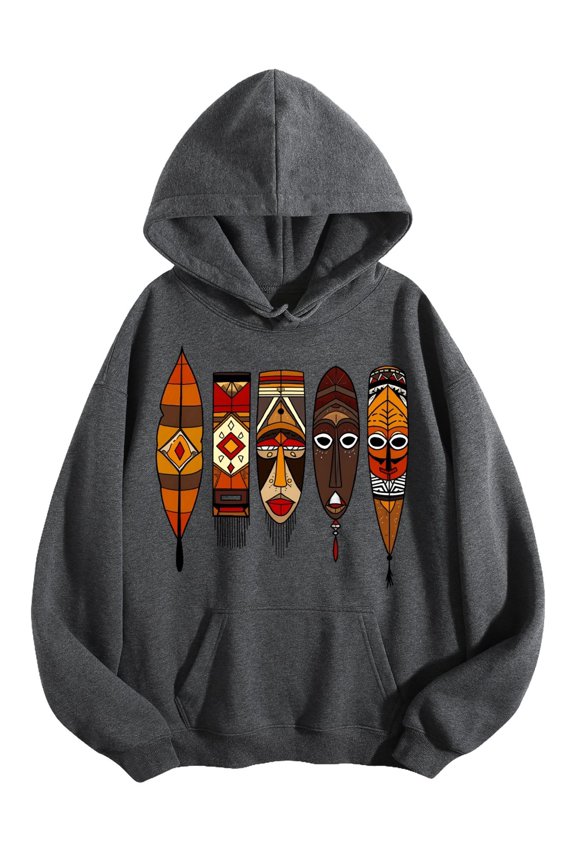 Men's Pocket Graphic Hooded Pullover, Colorful Ethnic Face Masks Lined Up, Sizes S-2XL