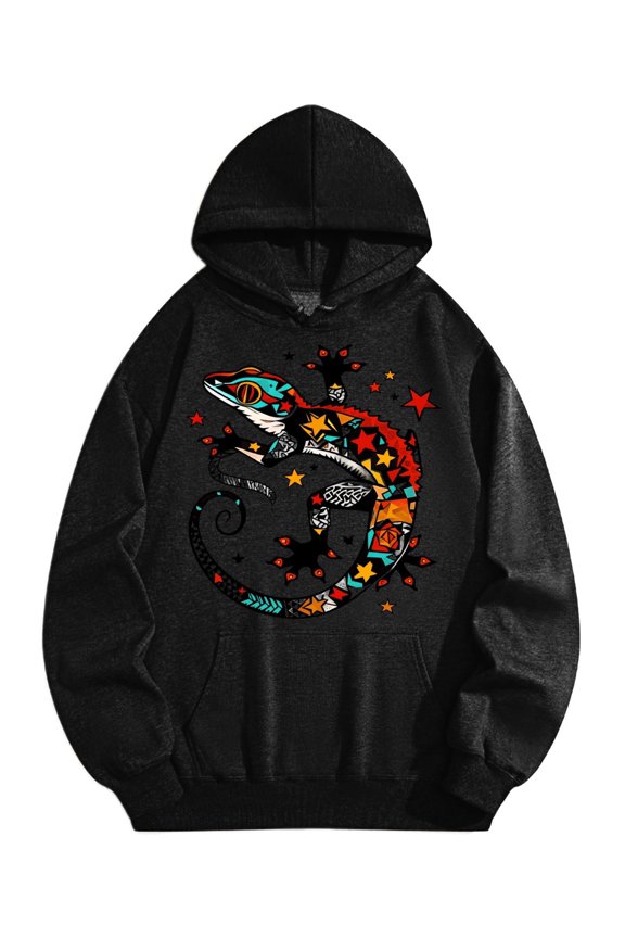 Men's Pocket Graphic Hooded Pullover, Colorful Lizard with Star Patterns, Sizes S-2XL