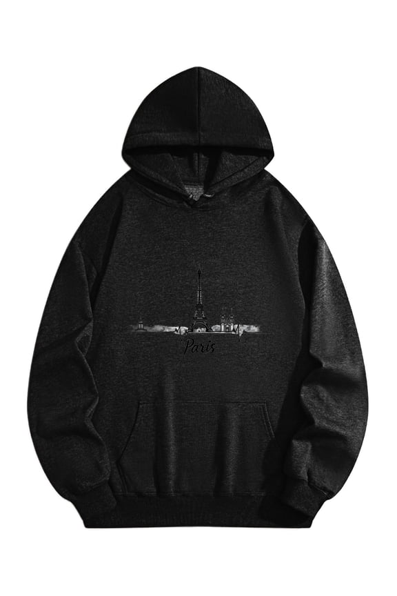 Men's Pocket Graphic Hooded Pullover, Eiffel Tower in Paris at Night with Paris Written Below, Sizes S-2XL