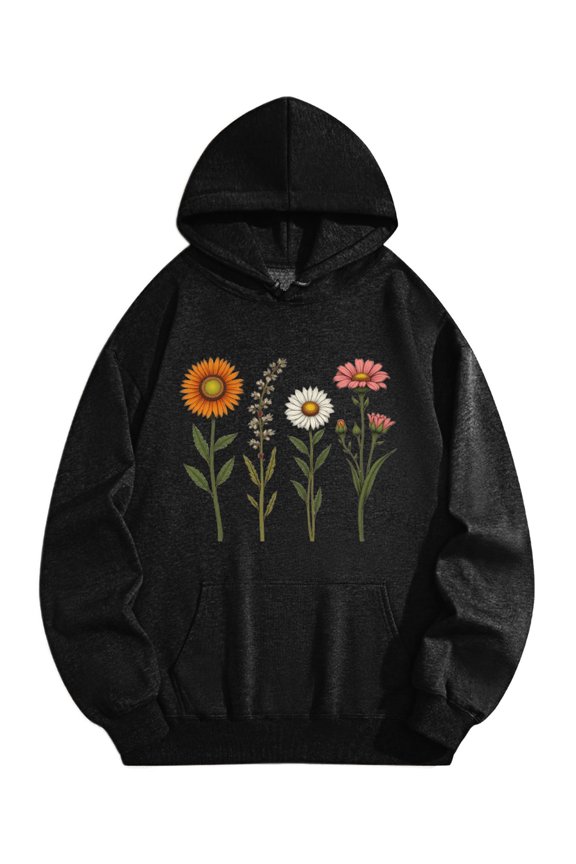 Men's Pocket Graphic Hooded Pullover, Four Colorful Flowers in A Row Against A Black Background, Sizes S-2XL