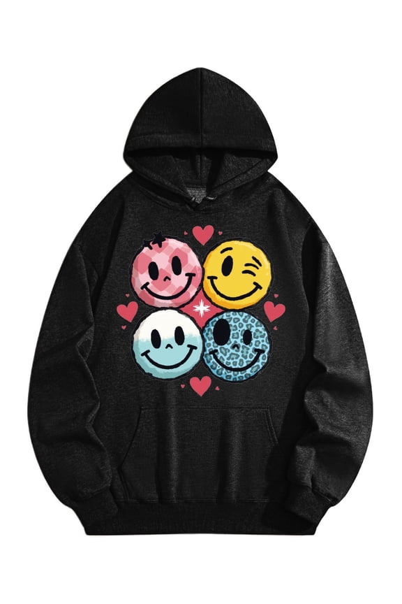 Men's Pocket Graphic Hooded Pullover, Four Colorful Smiley Faces with Hearts Around Them, Sizes S-2XL