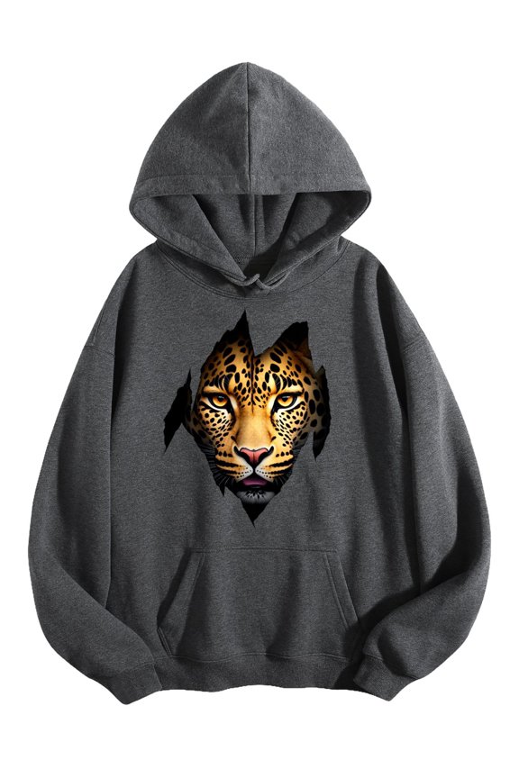 Men's Pocket Graphic Hooded Pullover, Leopard's Face with Open Mouth, Sizes S-2XL