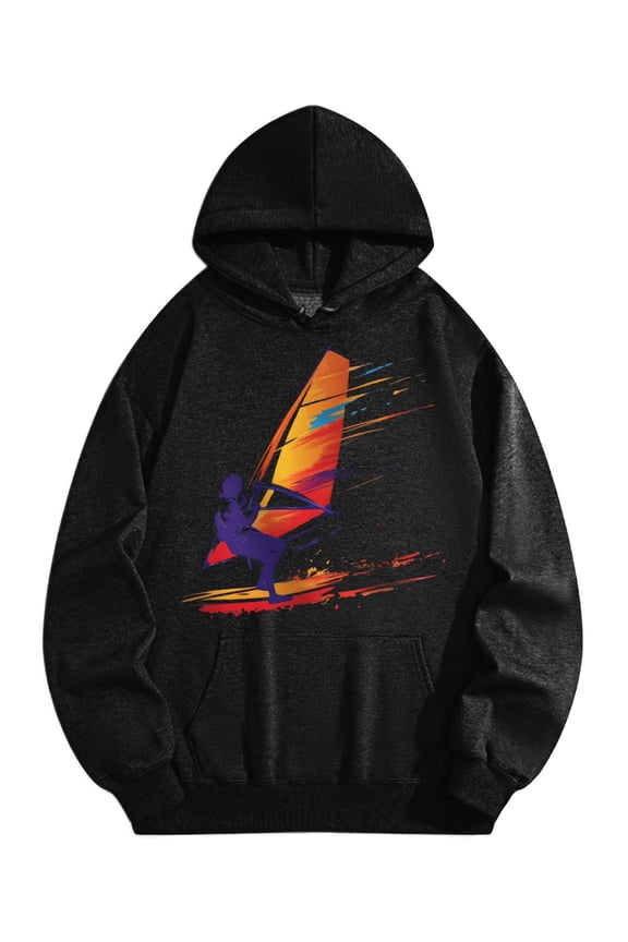 Men's Pocket Graphic Hooded Pullover, Man Windsurfing with Colorful Sail, Sizes S-2XL