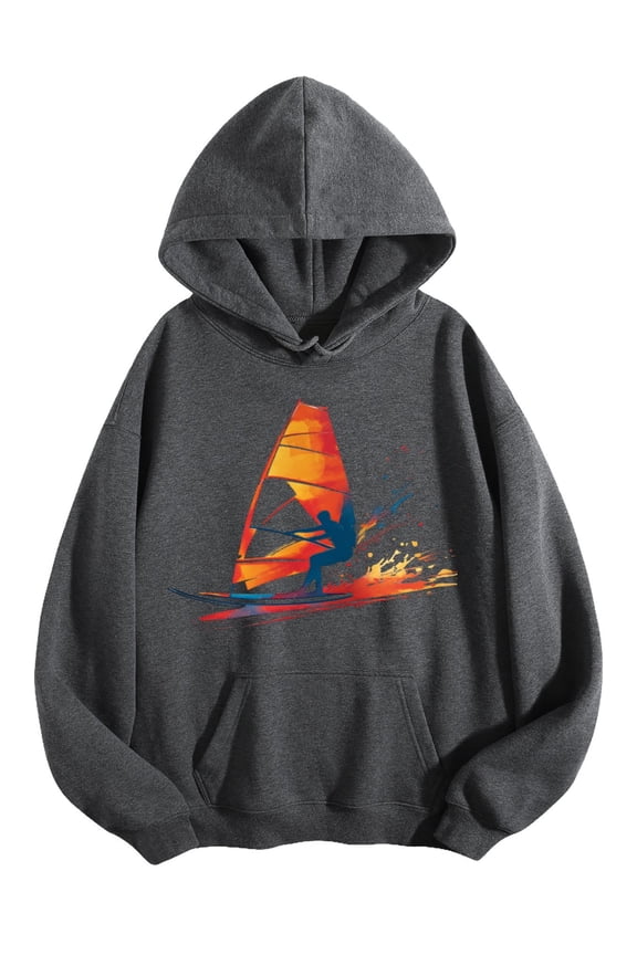 Men's Pocket Graphic Hooded Pullover, Man Windsurfing with Colorful Sail, Sizes S-2XL